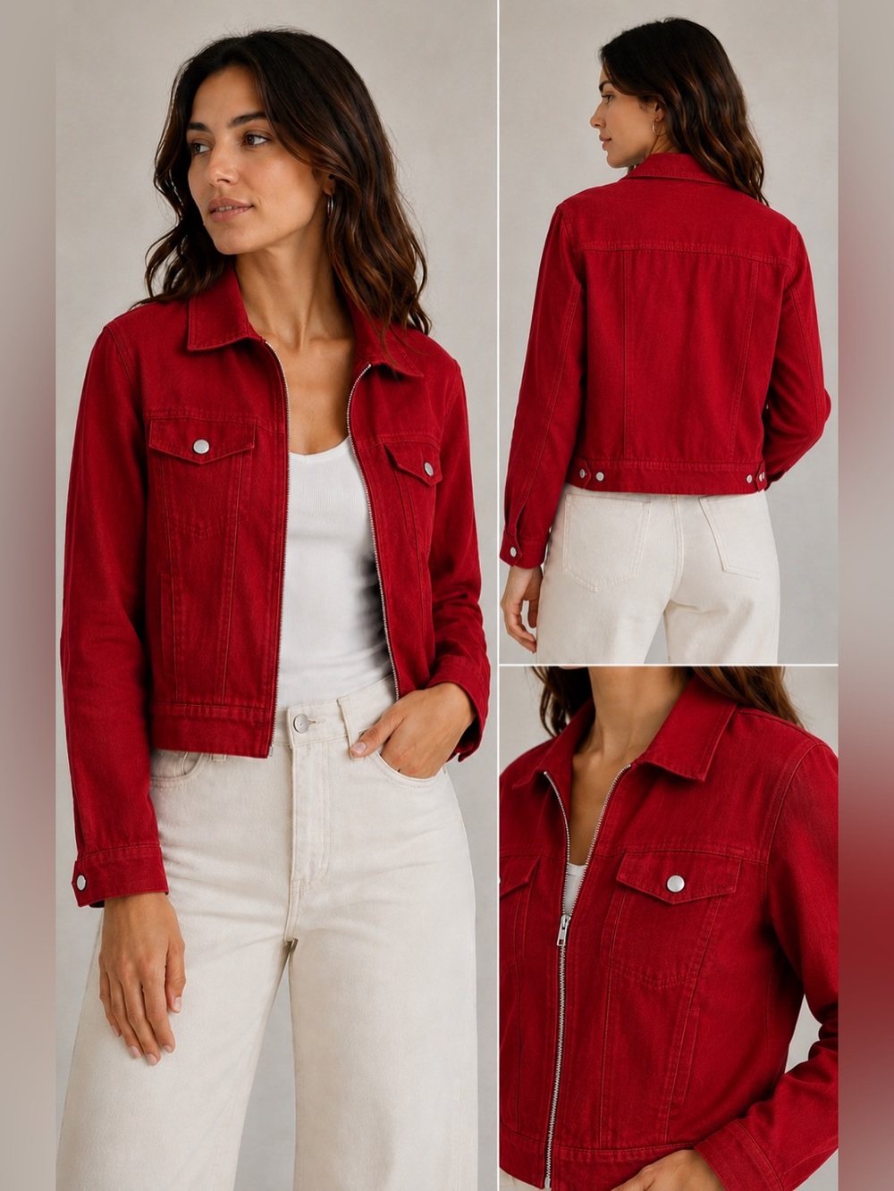 Rachel Zoe Red Zip-Front Denim Jacket